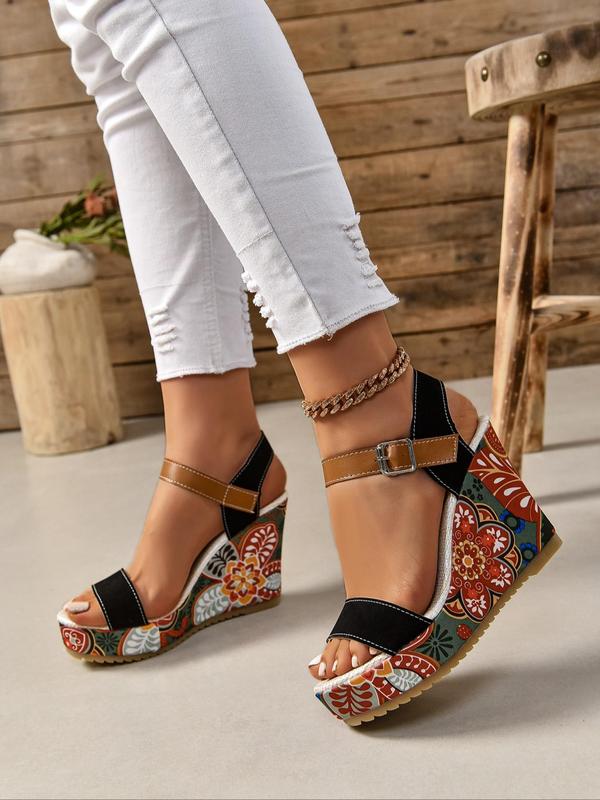 Women's Ethnic Floral Pattern Wedge Sandals, Boho Style Open Toe Platform Sandals for Summer, Fashionablen Buckle Strap Shoes for Daily Wear