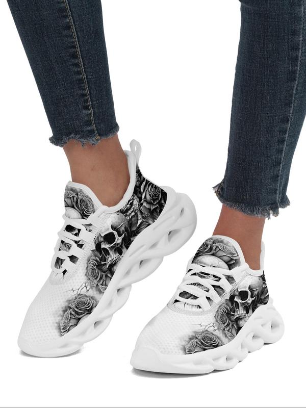 Women's Fashionable Skull & Floral Print Lace Up Low Top Trainer Sneakers, Casual Comfortable Blade Soles Walking Shoes As Gifts, All-match Round Toe Footwear Chunky Sneakers for Daily