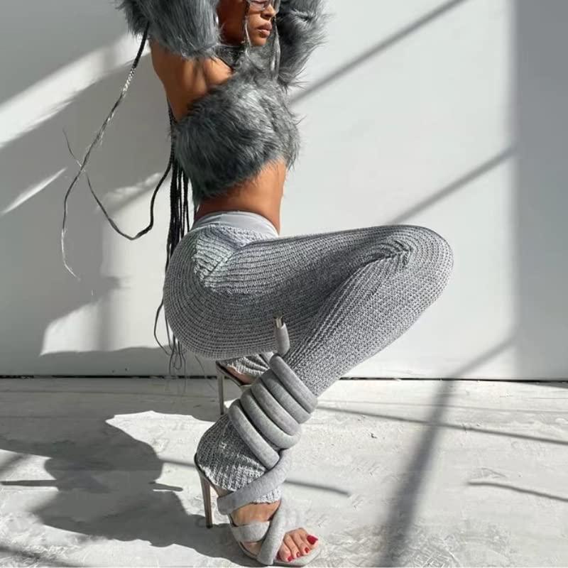 Pasuvo Grey Knit Glamour Strappy Gladiator Sandals with Lace-Up Fallopian Cloth, Open Toe Square Stilettos Ultra-Stylish Plush Wrap-Around Stiletto Heels with Padded Twisted Straps – Cozy, Trendy, and Bold Statement Sandals for Fashion