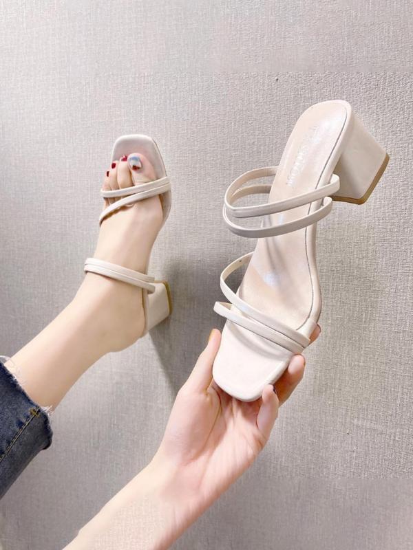 Women's Fashionable Solid Color High Heel Sandals, Summer 2024 Elegant Square Toe Sandals, Casual Versatile Heeled Shoes for Daily Wear