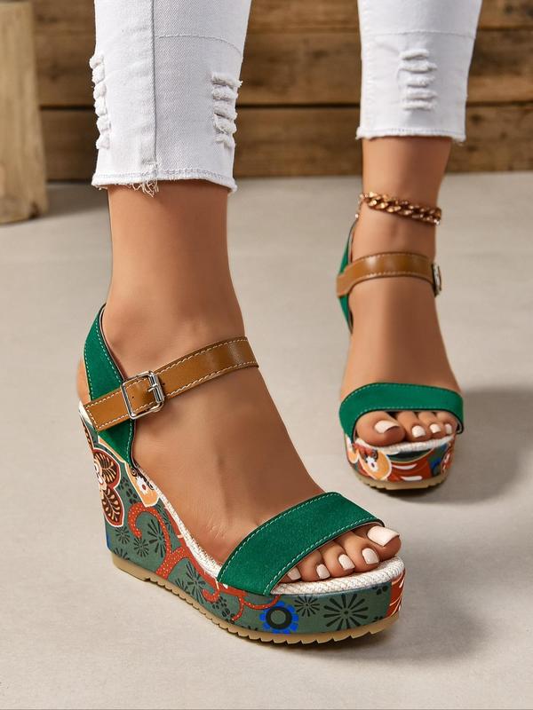 Women's Ethnic Floral Pattern Wedge Sandals, Boho Style Open Toe Platform Sandals for Summer, Fashionablen Buckle Strap Shoes for Daily Wear