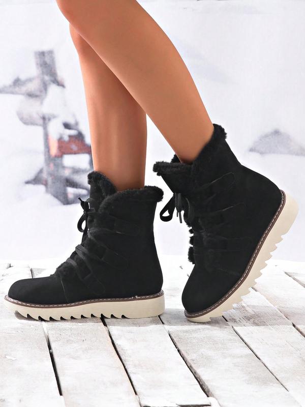 Women's Fashionable Lace Up Plush Lined Snow Boots, Mid-calf Warm Boots for Winter, Fluffy Shoes for Indoor & Outdoor Winter Boots