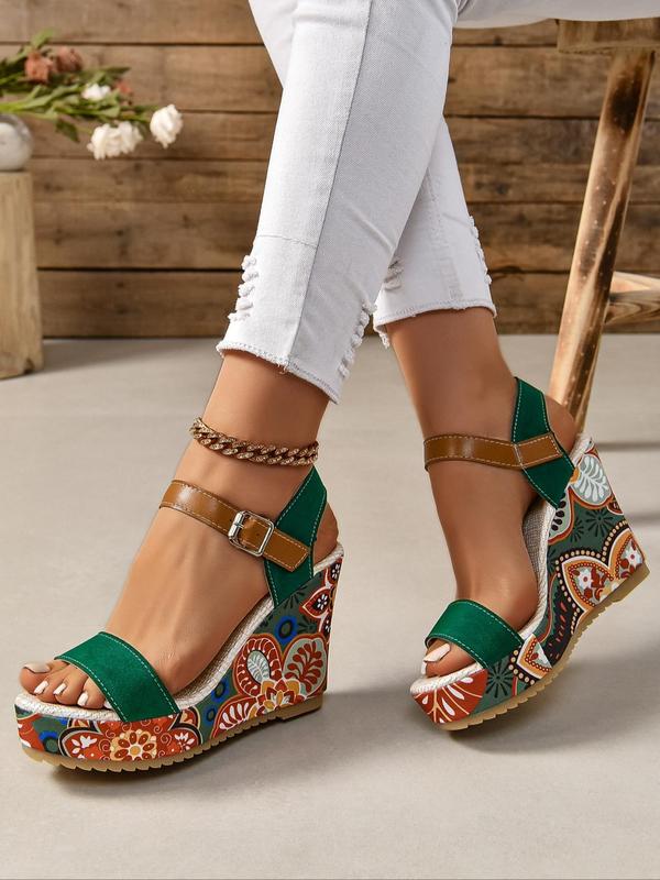 Women's Ethnic Floral Pattern Wedge Sandals, Boho Style Open Toe Platform Sandals for Summer, Fashionablen Buckle Strap Shoes for Daily Wear