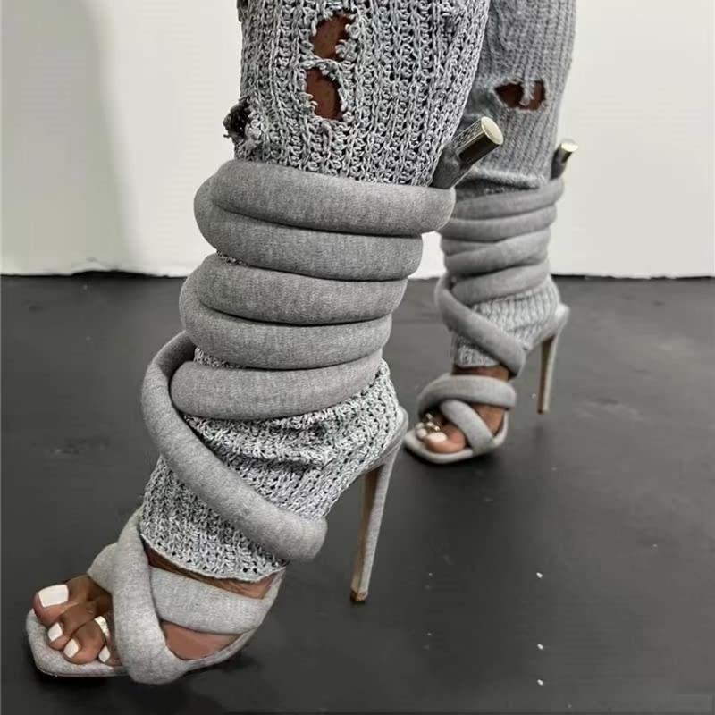 Pasuvo Grey Knit Glamour Strappy Gladiator Sandals with Lace-Up Fallopian Cloth, Open Toe Square Stilettos Ultra-Stylish Plush Wrap-Around Stiletto Heels with Padded Twisted Straps – Cozy, Trendy, and Bold Statement Sandals for Fashion