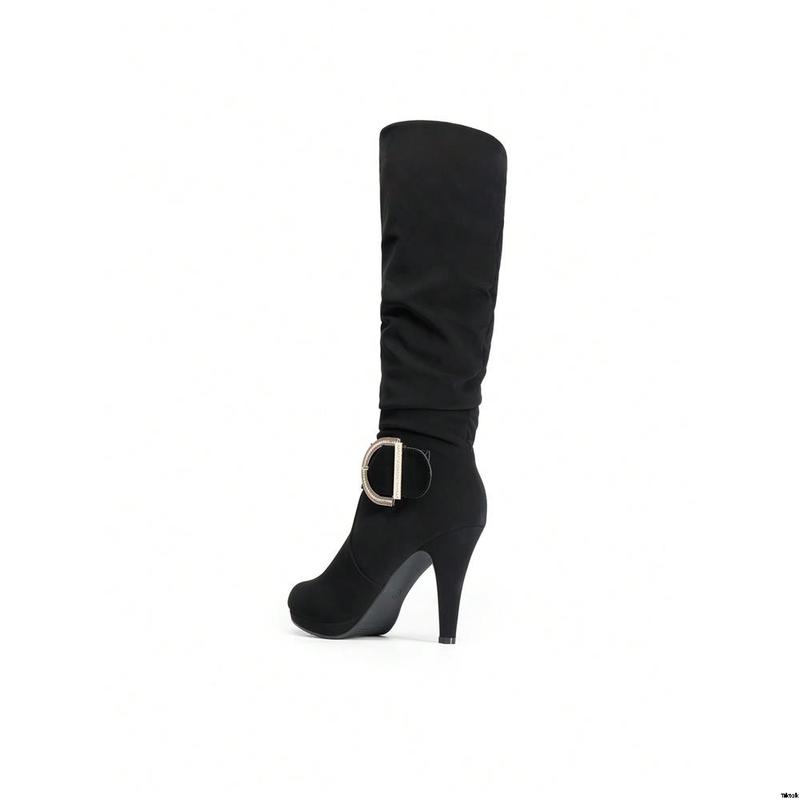 Women's Black Knee High Heel Winter Boots