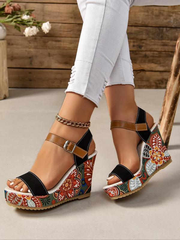 Women's Ethnic Floral Pattern Wedge Sandals, Boho Style Open Toe Platform Sandals for Summer, Fashionablen Buckle Strap Shoes for Daily Wear