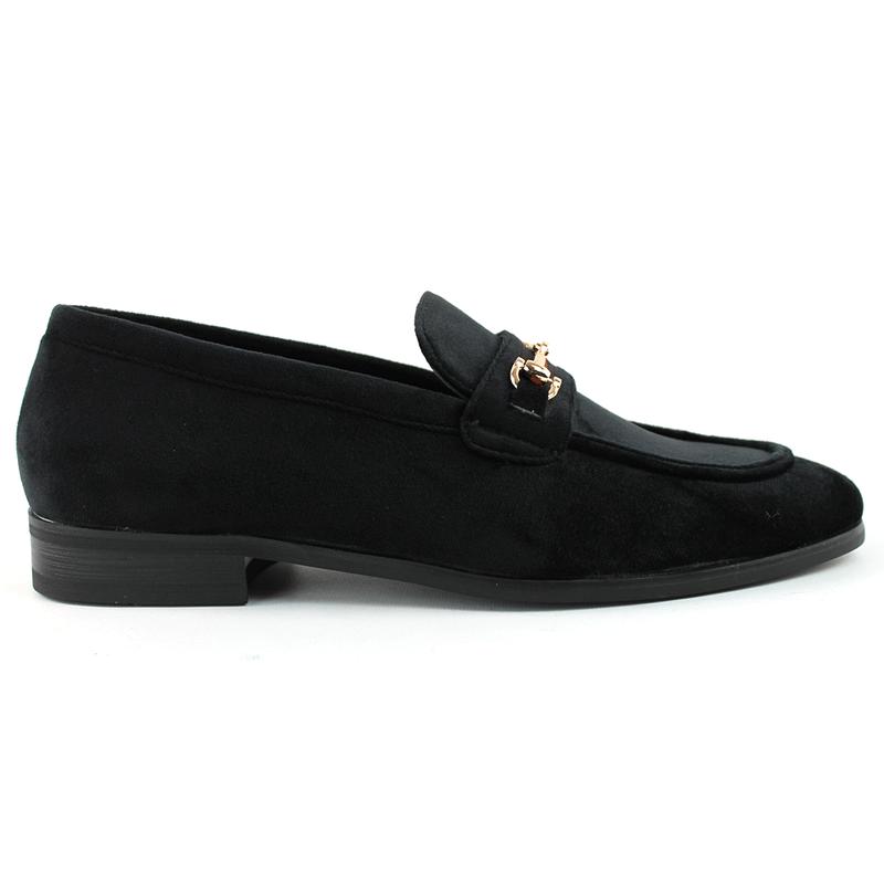 Slip On Black Velvet Loafers With Gold Buckle Men's Dress Formal Shoes AZARMAN