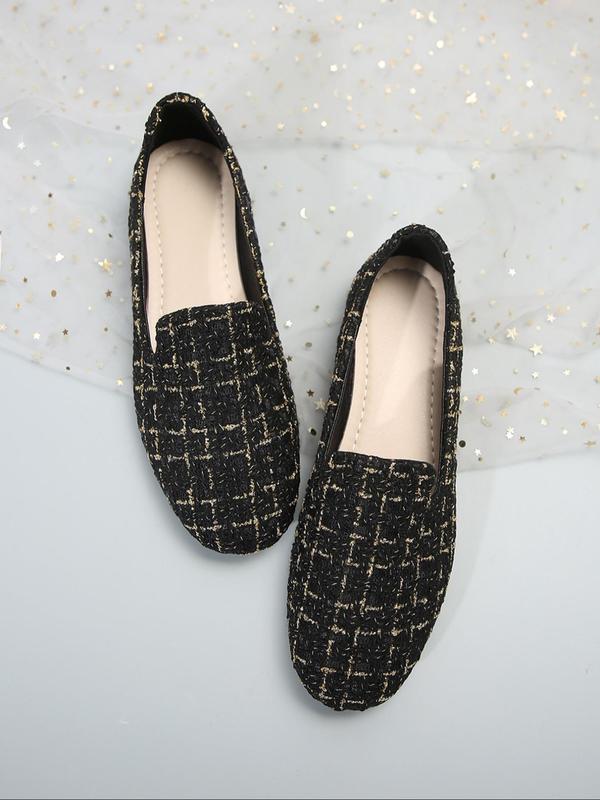 Women's Fashionable Plaid Pattern Tweed Design Slip on Flats, Casual Comfortable Round Toe Flat Shoes for Daily Wear, Lightweight Breathable Shoes for All Seasons