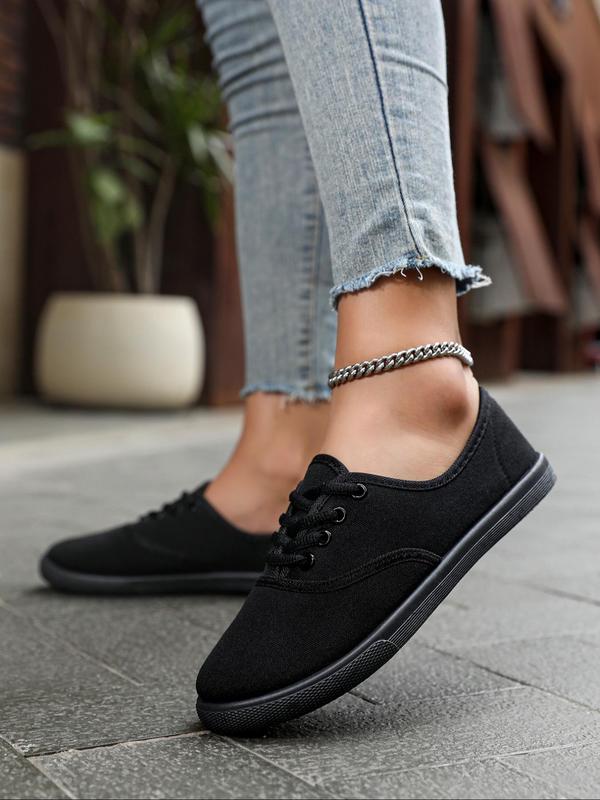 Women's Fashionable Plain Lace Up Low Top Sneakers, Casual Comfortable Round Toe Flat Shoes for Daily Wear, Female All-match Basic Shoes for Daily Wear