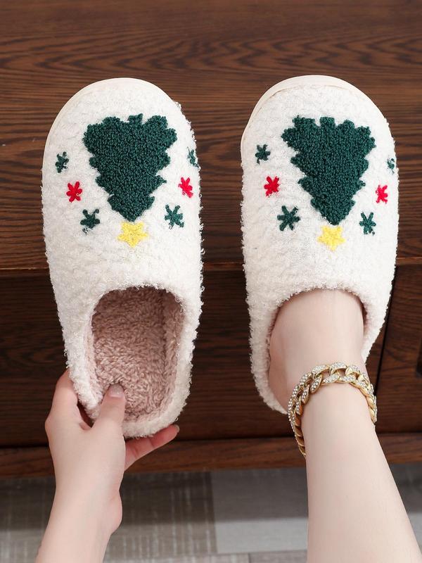 Christmas Themed Cartoon Santa Face Fuzzy Cushioned Slippers for Women, Cute Plush Christmas Tree & Deer & Snowman Graphic House Slippers for Indoor Outdoor, As Girlfriend Gifts