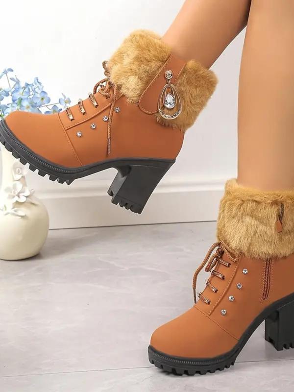 Women's Fashionable Rhinestone Decorated Plush Lining Ankle Heel Boots, Casual Comfortable Round Toe Boots for Fall & Winter, Female All-match Trendy Shoes for Daily Wear