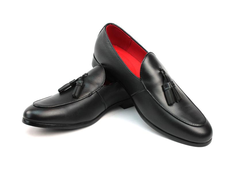 Men's Genuine Leather Black Slip On Loafers Dress Shoes With Leather Tassels & Red Insole AZARMAN