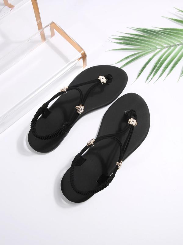 Women's Flower Decorated Flat Sandals, Simple Plain Soft Sole Flip Flops, Casual Comfortable Beach Slingback Shoes for Summer