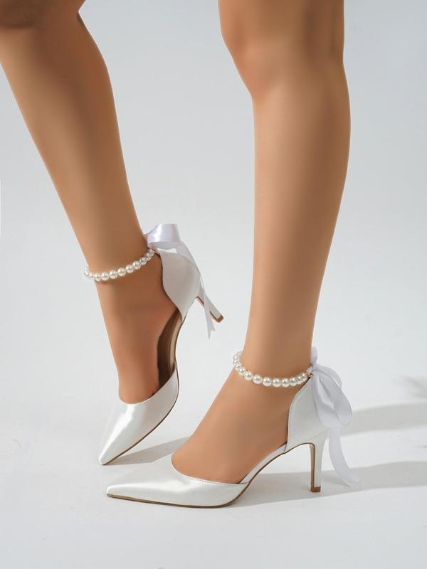 Elegant Pointed Toe Stiletto Heels, Fashion Faux Pearls & Bow Design High Heel Shoes for Party, All-match Stylish Classy Heeled Shoes for Work & Daily Footwear for Girl