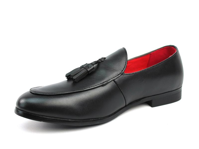 Men's Genuine Leather Black Slip On Loafers Dress Shoes With Leather Tassels & Red Insole AZARMAN