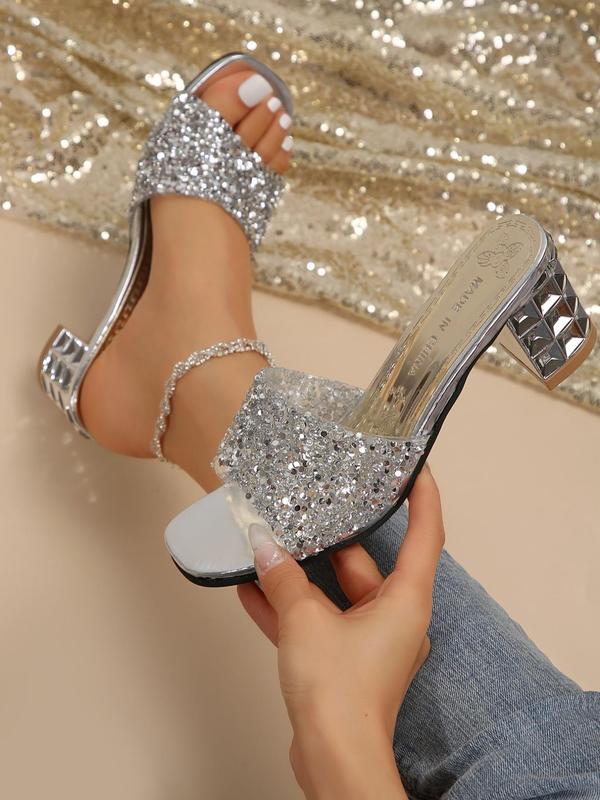 Women's Elegant Glittering Sequin Design Heeled Sandals, Exquisite Open Toe Sandals, Fashionable Slide Sandals for Summer