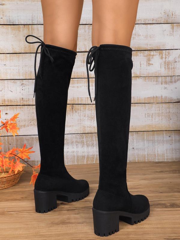 Women's Fashionable Solid Color Lace Up Knee Boots, Casual Comfortable Boots for Daily Wear, Female All-match Trendy Shoes for Fall & Winter