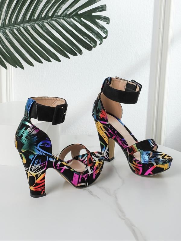 Fashionable Pop Art Print Open Toe Heeled Sandals, Fashionable High Heel Sandals for Party, Daily Clothing Decor, Ankle Strap Sandals for Women & Girls