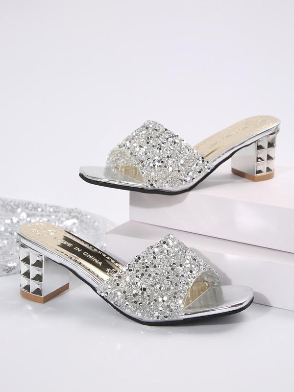 Women's Elegant Glittering Sequin Design Heeled Sandals, Exquisite Open Toe Sandals, Fashionable Slide Sandals for Summer