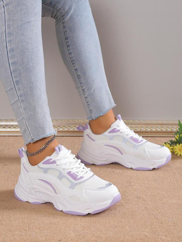 Women's Fashionable Color-block Lace-up Chunky Sneakers, Round Toe Low Top Running Shoes, Casual Breathable Comfortable Sports Shoes, Female All-match Trainers for Daily Wear