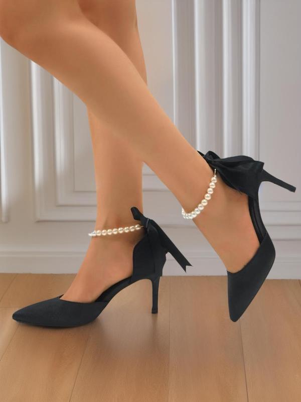 Elegant Pointed Toe Stiletto Heels, Fashion Faux Pearls & Bow Design High Heel Shoes for Party, All-match Stylish Classy Heeled Shoes for Work & Daily Footwear for Girl