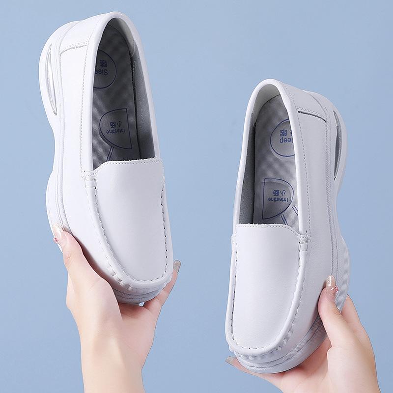 New Nurse Shoes Soft Bottom Breathable Comfortable Non-Stinky Feet Hollow Non-Slip Flat Leather Large Air Cushion Medical White Shoes Very Beautiful