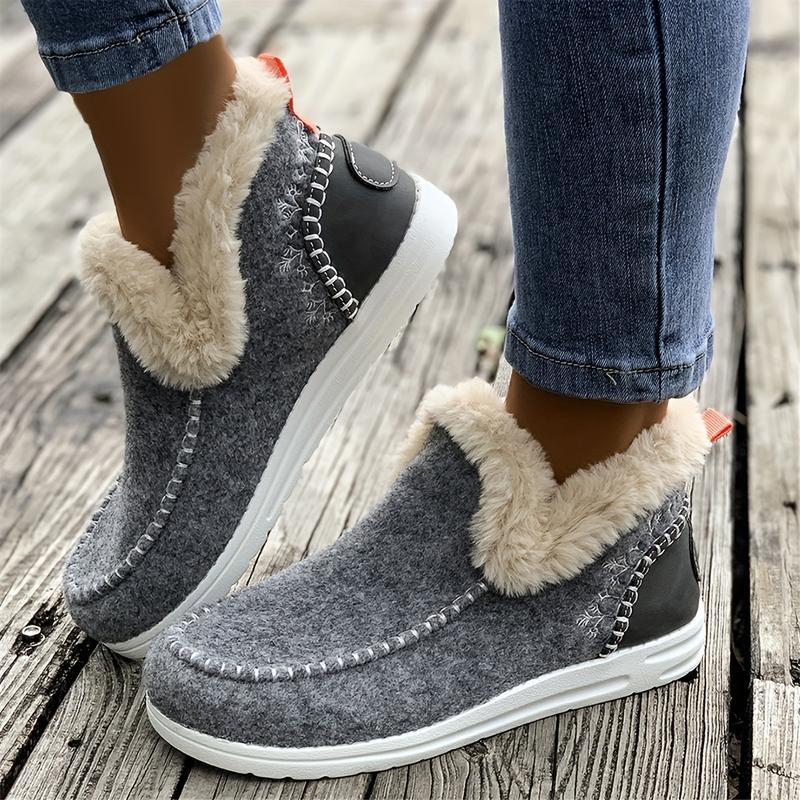 Warm Women's Thermal Plush Lined Flat Shoes, Round Toe Slip On Outdoor Walking Shoes