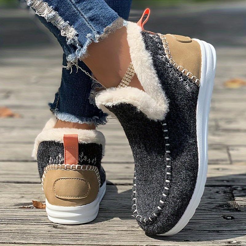 Warm Women's Thermal Plush Lined Flat Shoes, Round Toe Slip On Outdoor Walking Shoes