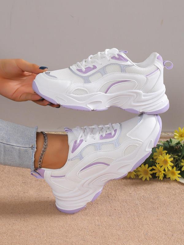 Women's Fashionable Color-block Lace-up Chunky Sneakers, Round Toe Low Top Running Shoes, Casual Breathable Comfortable Sports Shoes, Female All-match Trainers for Daily Wear