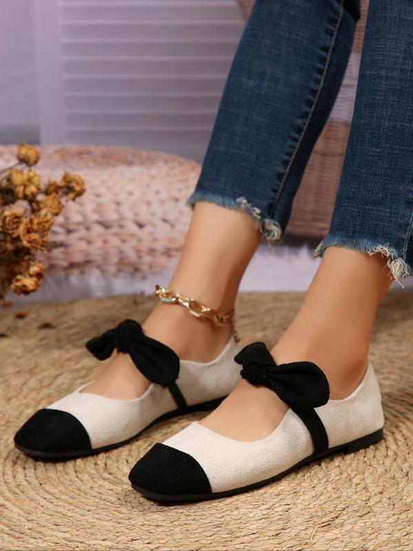 Women's Cute Bowknot Decorated Flats, Trendy Square Toe Flat Shoes, Fashionable Color-block Slip-on Walking Shoes for Daily Wear, Girl's Comfort Footwear