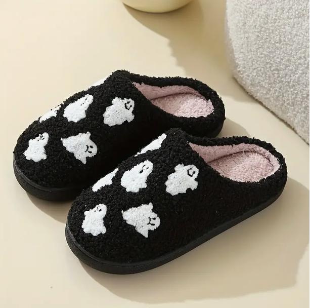 Spooky Halloween Skull & Ghost Pattern Plush Slippers - Soft, Closed-Toe, Fuzzy, Warm, and Cozy House Shoes for Cold Winter Nights - Perfect for Indoor Lounging and Gift Giving