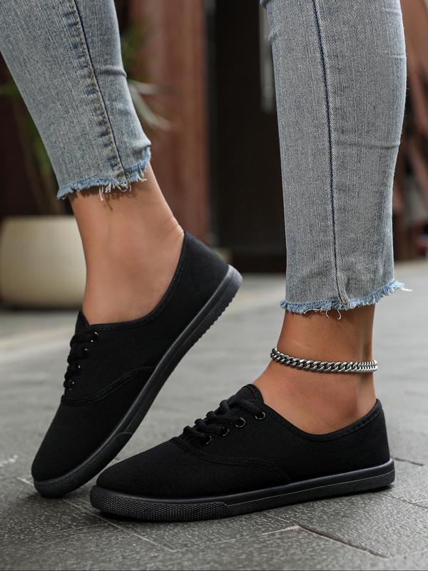 Women's Fashionable Plain Lace Up Low Top Sneakers, Casual Comfortable Round Toe Flat Shoes for Daily Wear, Female All-match Basic Shoes for Daily Wear