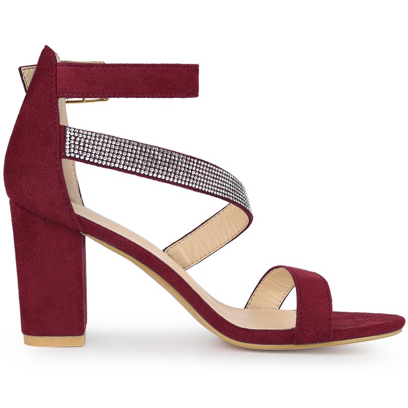 Allegra K Rhinestone Open Toe Block Heels Sandals Burgundy