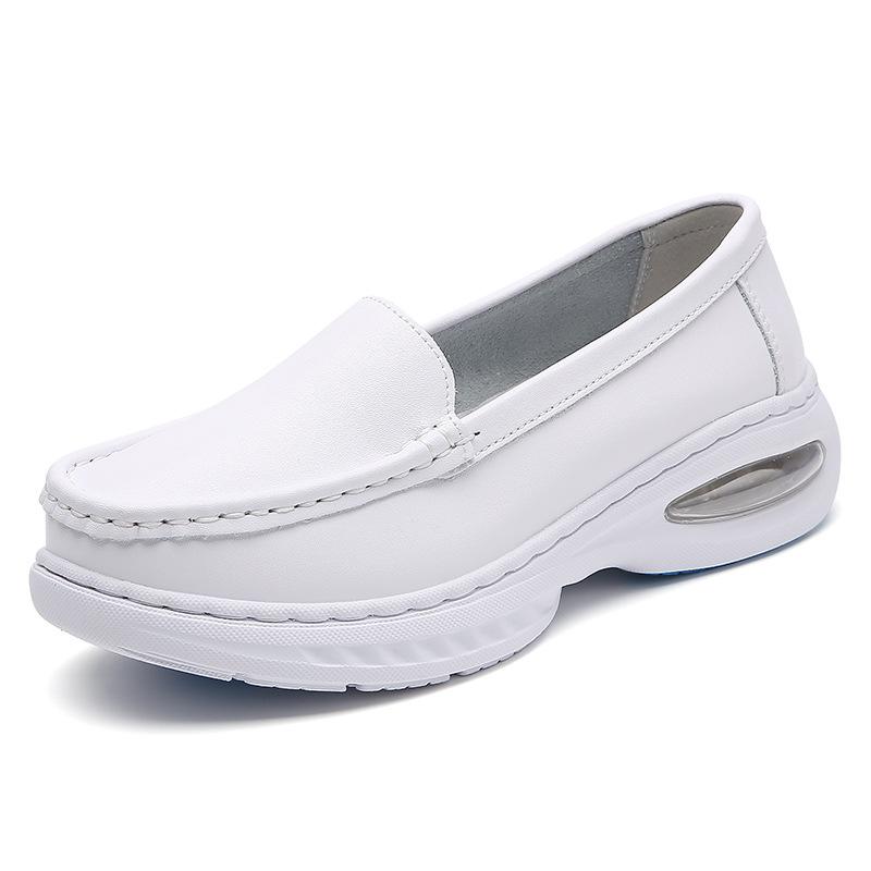 New Nurse Shoes Soft Bottom Breathable Comfortable Non-Stinky Feet Hollow Non-Slip Flat Leather Large Air Cushion Medical White Shoes Very Beautiful