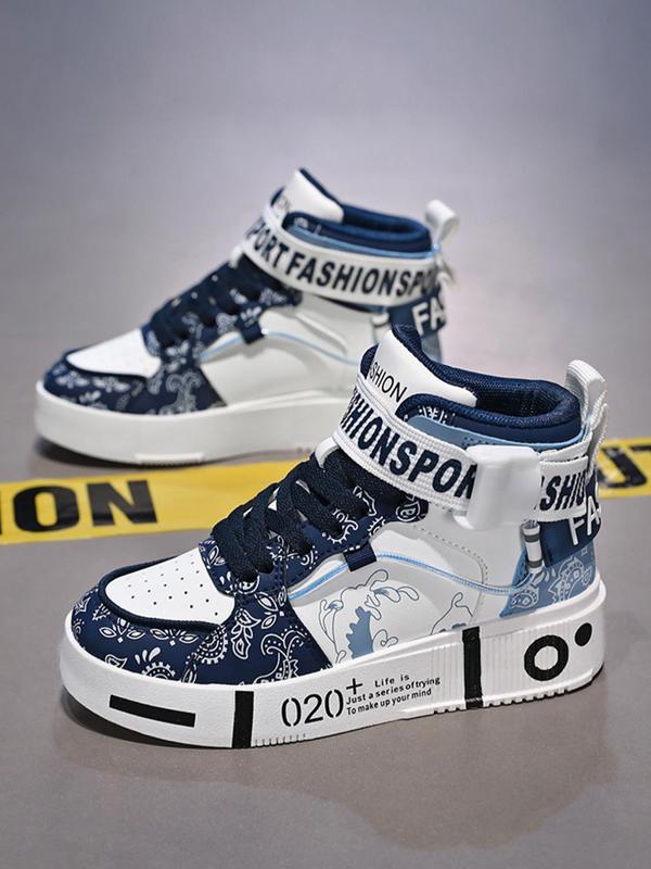 Men's Fashionable Patchwork Print Lace Up High Top Sneakers, Casual Comfortable Sports Shoes for Daily Wear, Male All-match Round Toe Shoes for Daily Wear