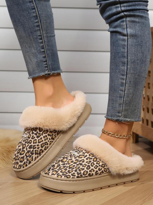 Women's Leopard Print Contrast Faux Fur Design Slippers, Casual Soft Comfortable Home Slippers, Warm Slippers for Indoor & Outdoor Use for Fall & Winter