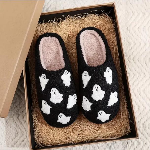 Spooky Halloween Skull & Ghost Pattern Plush Slippers - Soft, Closed-Toe, Fuzzy, Warm, and Cozy House Shoes for Cold Winter Nights - Perfect for Indoor Lounging and Gift Giving