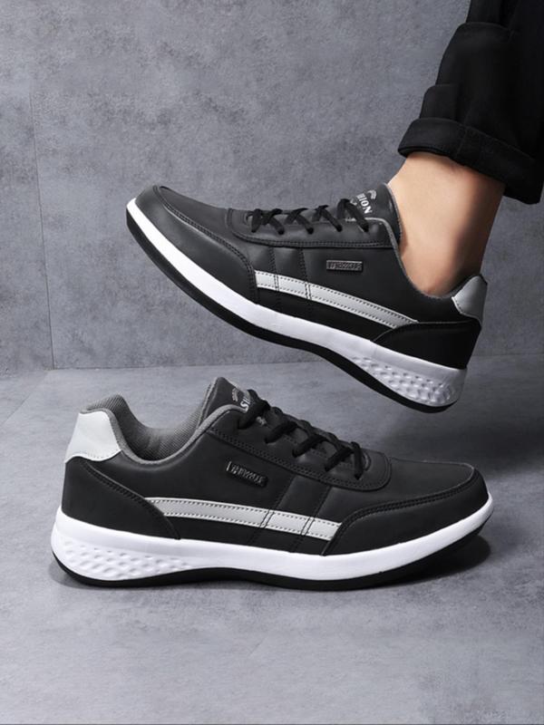 Men's Fashionable Plain Pu Leather Lace-up Low-top Sneakers, Lightweight Mesh Breathable Sneakers, Casual Comfortable Sports Running Shoes