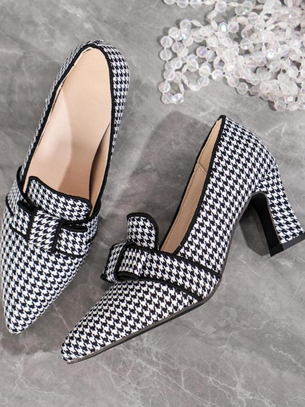 Women's 1 Pair Houndstooth Print Bowknot High Heel Slip on Shoes, Fashionable Pointed Toe Heels for Daily Wear, Lightweight Breathable Comfortable Shoes for Women & Girls