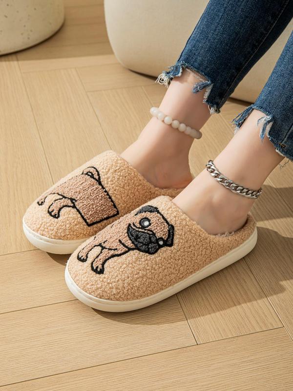 Women's Cute Cartoon Pug Pattern Plush Slippers, Casual Soft Comfortable Home Slippers, Warm Slippers for Indoor & Outdoor Use for Fall & Winter