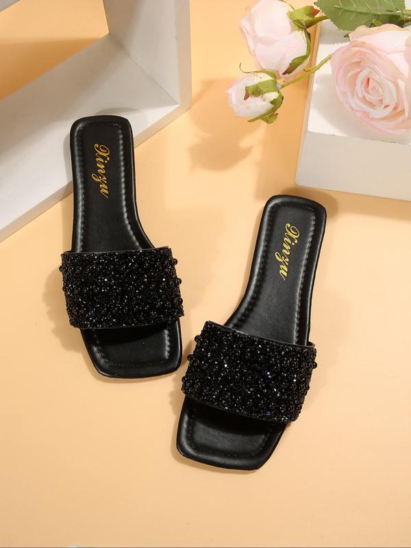 2024 Summer Women's Rhinestone & Beaded Decor Flat Sandals, Casual Comfortable Square Toe Slide Walking Shoes, All-match Exquisite Sandals for Beach Vacation, Footwear