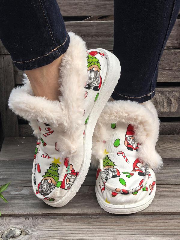 Women's Cute Cartoon Christmas Print Plush Slip on Sneakers, Casual Comfortable Warm Cute Shoes for Fall & Winter, Fluffy Shoes for Indoor & Outdoor