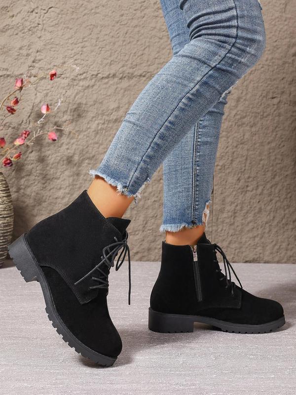 Women's Fashionable Solid Color Lace Up Ankle Boots, 2024 New Style Casual Comfortable Boots for Daily Wear, Female All-match Trend Shoes for Daily Wear