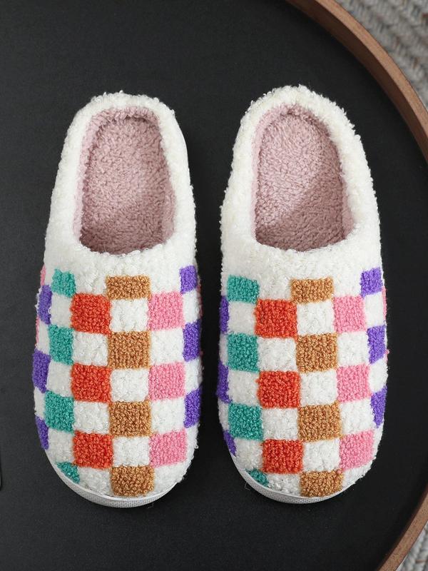 Women's Checkerboard Pattern Plush Slippers, Casual Soft Comfortable Home Slippers, Warm Slippers for Indoor & Outdoor Use for Fall & Winter