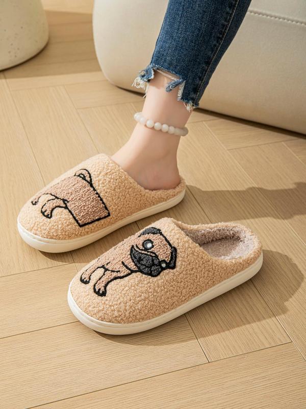 Women's Cute Cartoon Pug Pattern Plush Slippers, Casual Soft Comfortable Home Slippers, Warm Slippers for Indoor & Outdoor Use for Fall & Winter