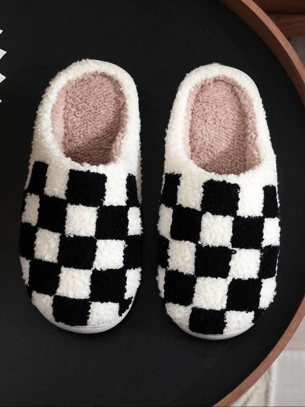 Women's Checkerboard Pattern Plush Slippers, Casual Soft Comfortable Home Slippers, Warm Slippers for Indoor & Outdoor Use for Fall & Winter