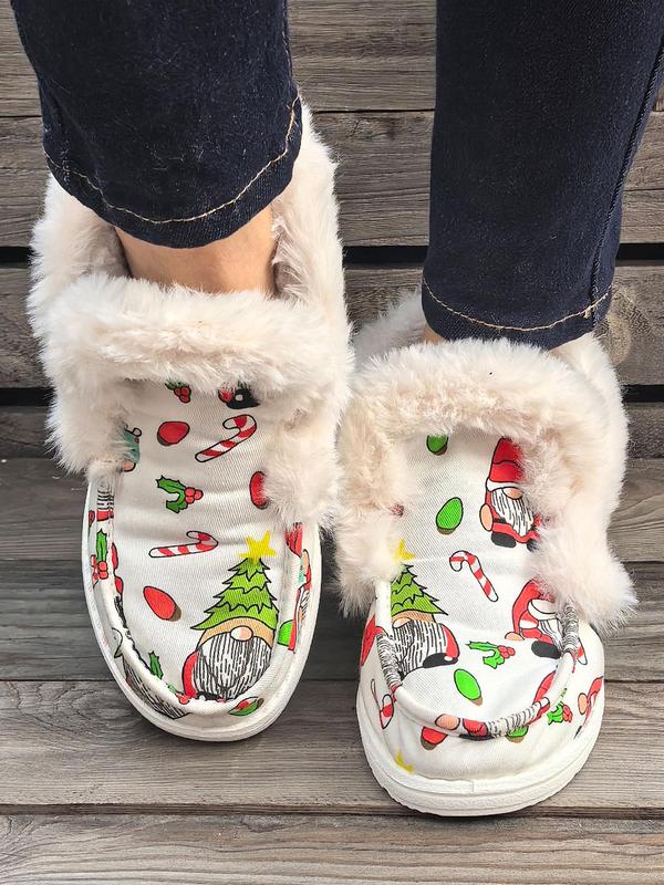 Women's Cute Cartoon Christmas Print Plush Slip on Sneakers, Casual Comfortable Warm Cute Shoes for Fall & Winter, Fluffy Shoes for Indoor & Outdoor