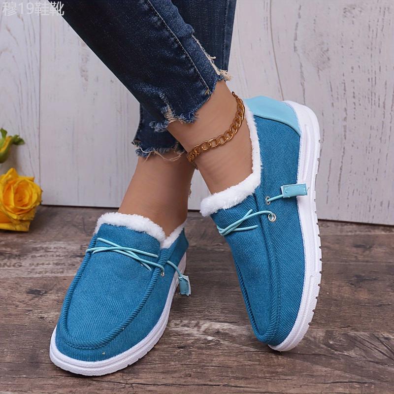 Women's Colorblock Fluffy Shoes, Slip On Thermal Lined Flat Soft Sole Shoes, Winter Plush Casual Canvas Shoes Footwear Walking Shoes