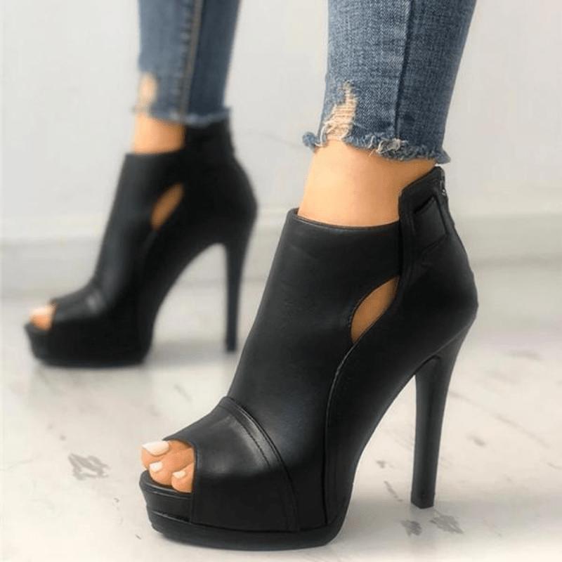 Women's Peep Toe High Heel Ankle Boots, Black Cut-out Back Zipper Stiletto Sandals, Party & Club Shoes