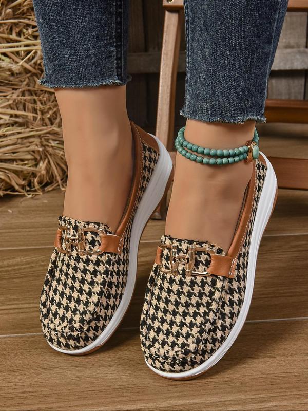 Women's Fashionable Solid Color & Houndstooth Pattern Slip on Loafers, Casual Comfortable Lightweight Round Toe Shoes, All Match Commuter Shoes for Work & Daily